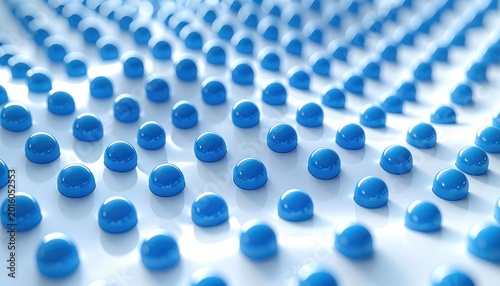 A striking abstract image showcases a repeating pattern of vibrant blue spheres arranged on a reflective white surface, creating a mesmerizing visual texture.