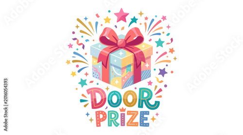 Colorful door prize announcement with gift box and confetti celebration