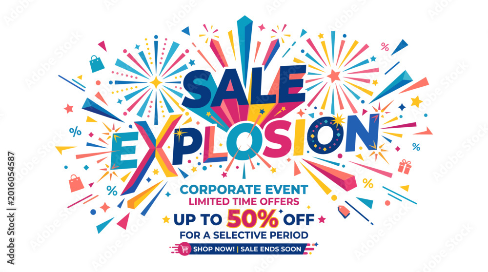 Fototapeta premium A vibrant sale explosion advertisement displays colorful fireworks and promotional text at a corporate event.