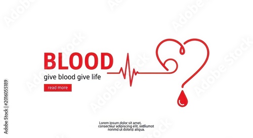 Blood donation awareness poster with heart shaped drop and lifeline on white background