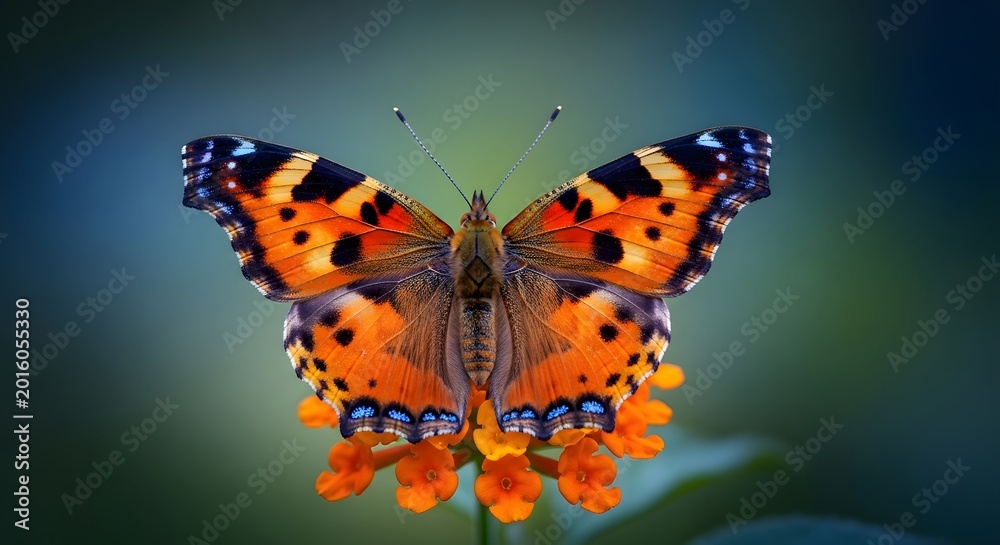 Naklejka premium Painted lady butterfly on orange flowers
