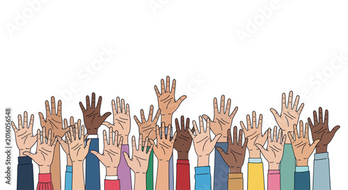 Diverse hands raised together for unity and community participation illustration.