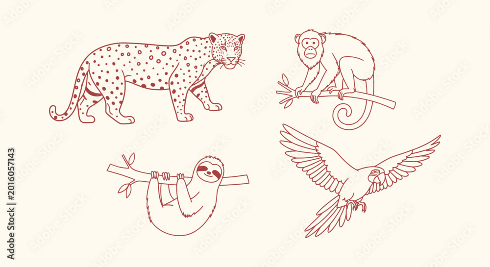 Fototapeta premium Tropical Jungle Wild Animals Line Art Set with Leopard Monkey Sloth and Parrot Illustration Pack