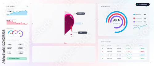 Foto Clean medical data dashboard with dripping magenta heart core, vital metrics, fl