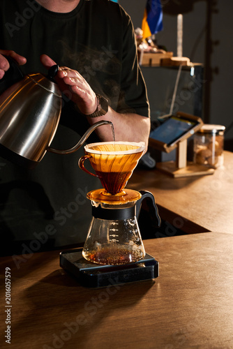 Canvas Print Coffee shop pour-over brewing