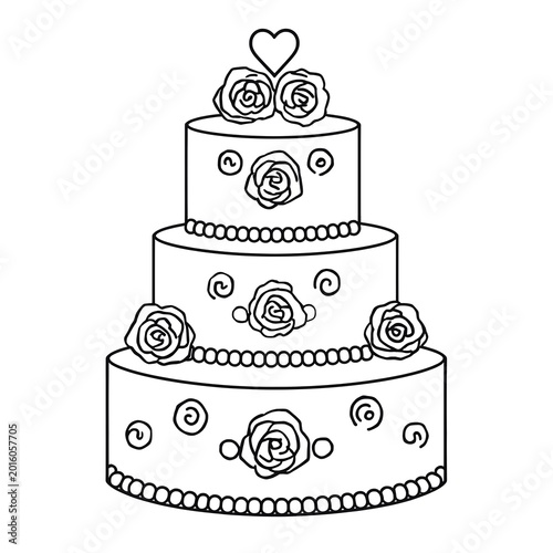 Three-Tiered Cake with Flowers and Topper Line Art