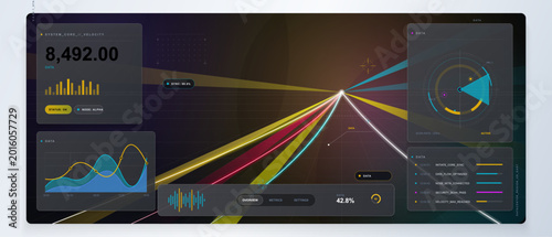 Tableau sur toile Dark futuristic dashboard with neon speed light beams, motion trail perspective,