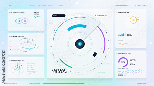 Billede på lærred Light futuristic technology dashboard with circular scanner map, VR spatial mapp