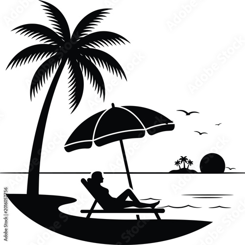 Tropical beach scene silhouette with palm trees beach chair and sunset