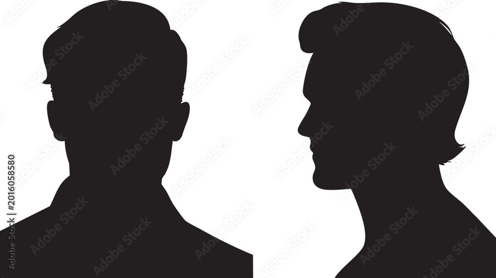 Fototapeta premium Two distinct black silhouettes representing male heads and upper bodies are presented on a crisp white background, featuring both a rear and a profile view of men.