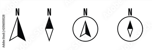 North Compass Direction Icon Set with Navigation Pointer, Map Orientation and Location Guide Symbols