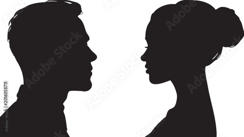 Photos A minimalist black silhouette profile of a man and a woman gaze at each other, conveying a sense of intimacy or focused attention on a white canvas