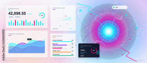 Foto Futuristic fantasy energy sphere dashboard with neon orbit lines, lightning path