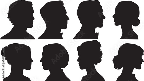 Cuadro en lienzo A horizontal arrangement of eight black silhouette profiles of individuals, featuring varied hairstyles and presumed genders, against a white backdrop