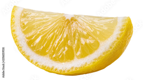 Foto Bright yellow lemon slice with juicy pulp and white pith, isolated on transparen