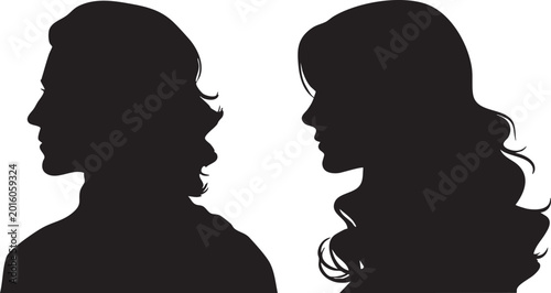 Εκτύπωση καμβά Two elegant black silhouettes of a man and a woman facing each other in profile, showcasing distinct hairstyles against a white background