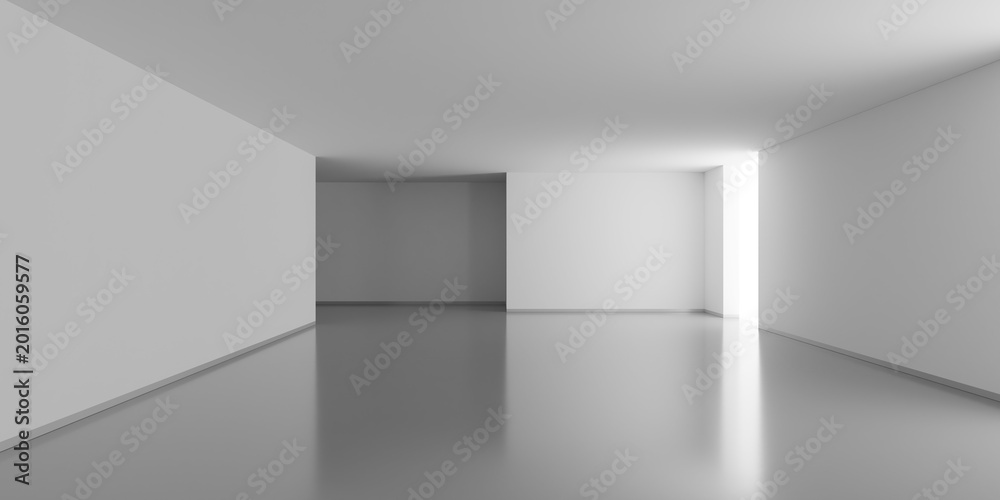 Fototapeta premium Large empty white room background with bright window, modern empty interior or product presentation template with copy space