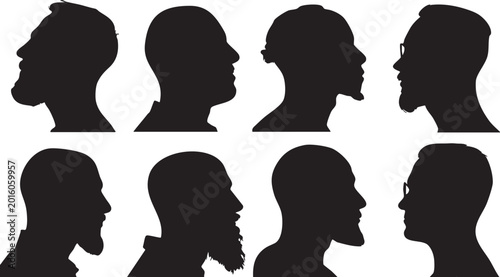 Photos A group of eight black silhouettes featuring male profiles with varied hairstyles and beard styles against a plain white background
