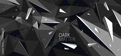 Fotografi Dark polygonal vector abstract background, low poly surface with explosion of flying debris particles, 3D dynamism broken structure, motion force elements