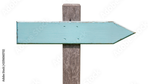 Weathered blue arrow signpost on wooden post, isolated on transparent background