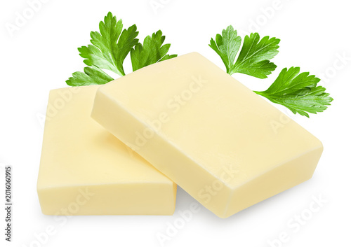 Pieces of butter isolated on white background. clipping path