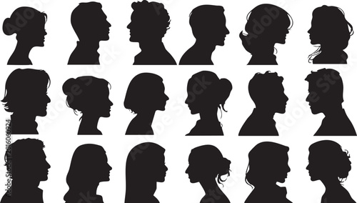 Foto A collection of silhouettes representing diverse human heads and upper bodies in profile, arranged in a grid on a white background