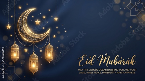 Elegant Eid Mubarak Greeting Background with Crescent Moon and Lanterns