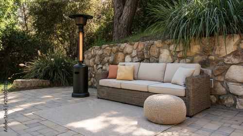 Modern electric patio heater casting a warm orange glow over a cozy backyard lounge area during twilight.