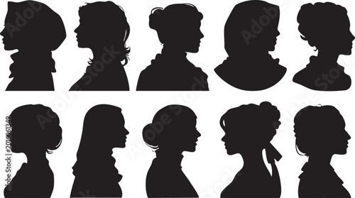 Eight stylized black silhouettes of individuals in profile showcase diverse hairstyles and head shapes against a clean white background, representing varied human identities.