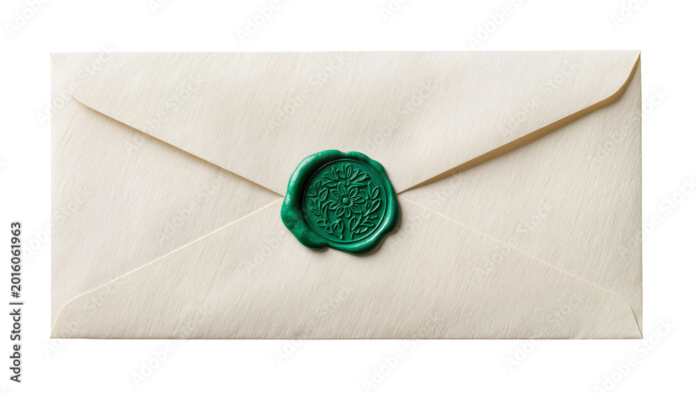 Obraz premium Cream colored envelope sealed with a green wax stamp, isolated on transparent background