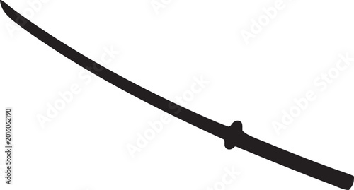 Schilderij op canvas A sleek black silhouette of a katana sword curves gracefully across a white canvas, symbolizing Japanese heritage, martial arts, and historical combat