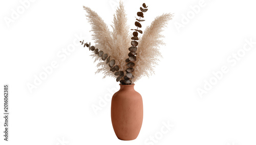 Fotografi Terracotta vase with dried pampas grass and eucalyptus leaves, isolated on trans