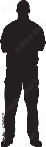 The black silhouette of a man in casual clothing, with arms crossed, stands facing forward against a plain white backdrop.