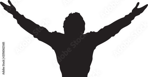 Foto A black silhouette of a person with arms outstretched wide in a gesture of celebration or triumph against a white background