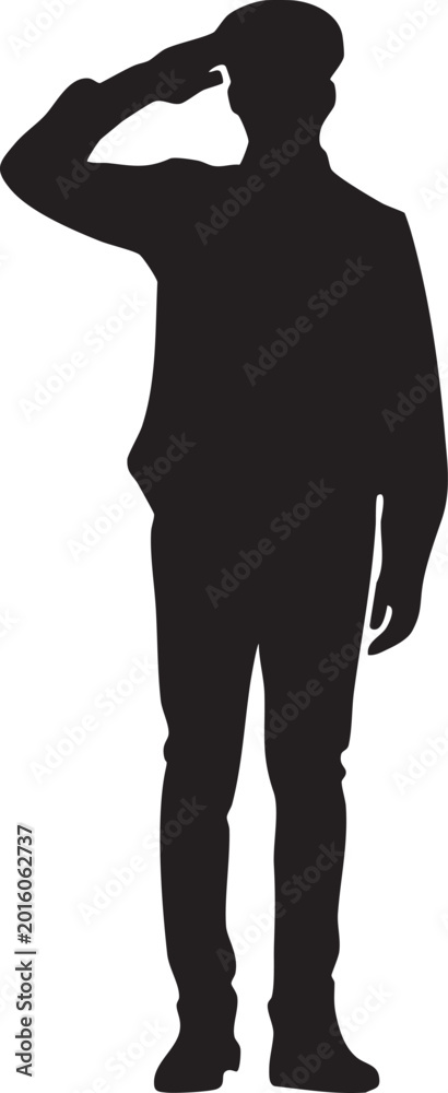 Fototapeta premium The black silhouette of a man in a jacket and cap, giving a crisp salute with his right hand against a white background.