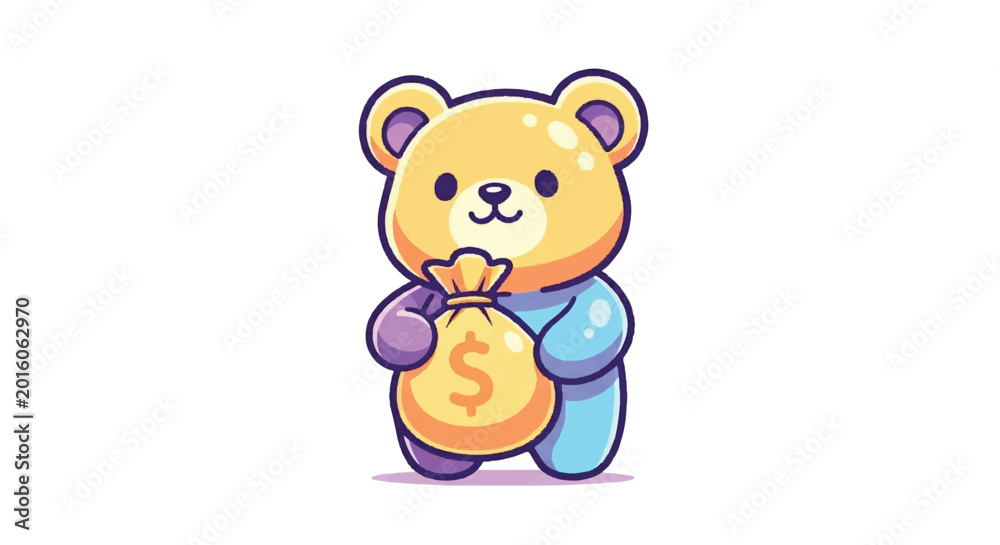 Obraz premium Cute cartoon teddy bear holding a money bag with a dollar sign.
