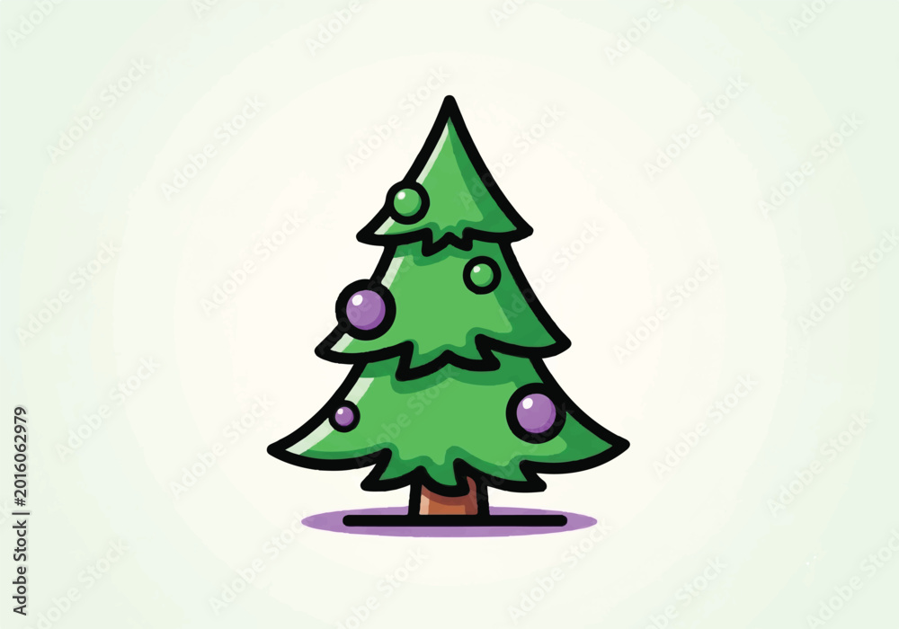 Fototapeta premium Cartoon Christmas Tree with Ornaments Illustration.