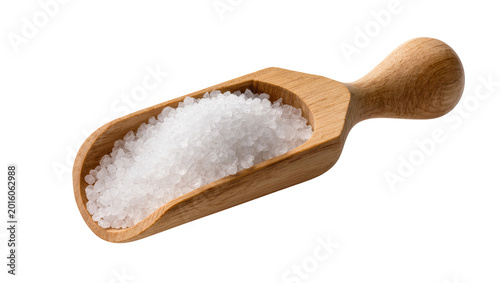 Bild auf Leinwand Wooden scoop filled with coarse sea salt, isolated on transparent background