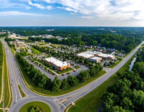 Aerial view of a well-planned suburban area with commercial buildings, parking, and a winding road. Green spaces and trees surround