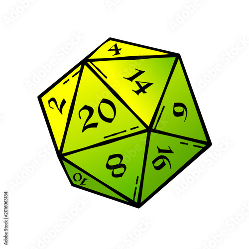 Twenty-sided dice, D20 RPG game illustration, green gradient