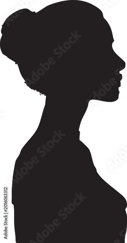 A black silhouette of a woman in profile features a neatly tied bun hairstyle, highlighting her neck and upper chest.