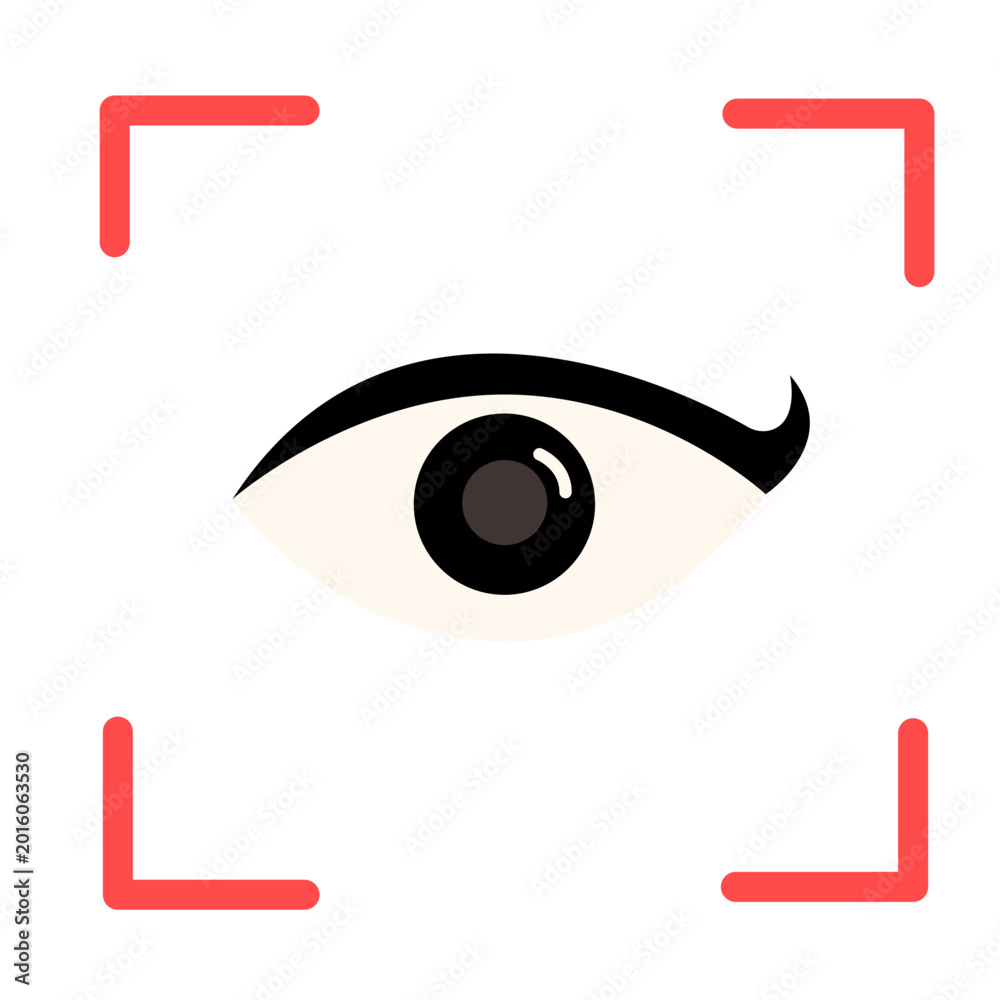 Fototapeta premium Digital Eye Scan: A captivating illustration of an eye is centered within a red focus frame, symbolizing precise data analysis and innovative technology, a concept which focuses on security.