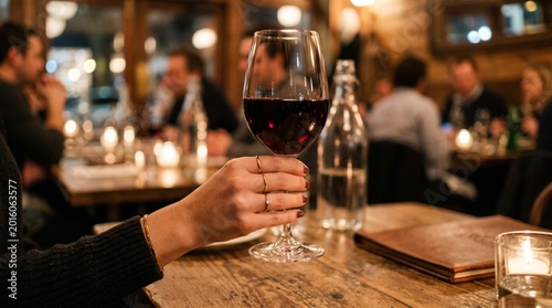 A person holds a glass of wine on a wooden table in a restaurant.