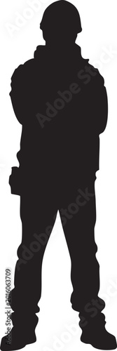 Photos A full body black silhouette of a man in workwear stands with arms crossed, suggesting readiness and a grounded presence
