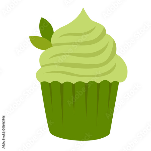 Delicious Matcha Cupcake: A single, delectable matcha cupcake, crowned with a swirl of vibrant green frosting and delicate leaf garnish, promising a moment of pure culinary delight.