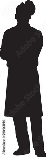 Tableau sur toile A figure in a long coat and pants stands with arms crossed, a dark silhouette against a white background