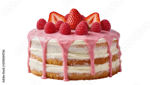Obraz na plátně Naked cake with cream pink frosting strawberries and raspberries, isolated on tr