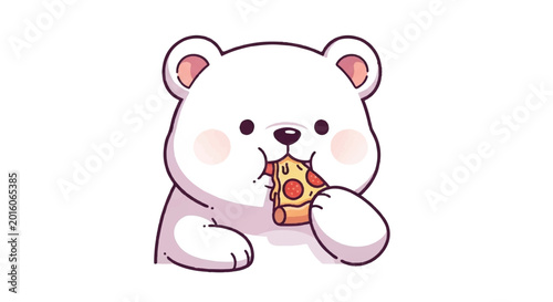 Cute polar bear eating a slice of pizza with joy.