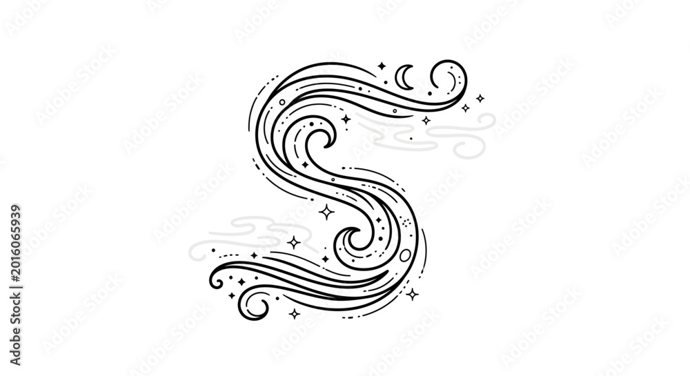 Fototapeta premium Elegant ornate letter S formed by decorative swirling lines, stars, and subtle cloud elements. Artistic alphabet design vector.