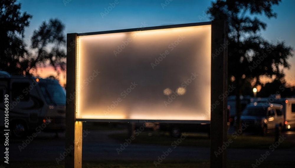 Fototapeta premium Backlit RV park entrance sign glowing against dusk with the signs illuminated text highlighted sharply and surroundings artistically out of focus.